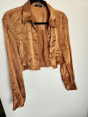 Velvet Heart Los Angeles Women's Bronze Satin Button Front Cropped Blouse